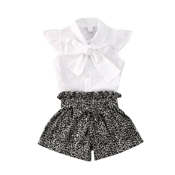 

1-6y fashion leopard outfits 2pcs kids baby girls sets bow shorts sleeve shirt & shorts toddler kids outfit set, White