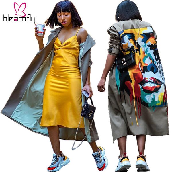 

new winter women coats hand-painted turn-down collar double breasted full sleeve long trench casual streetwear plus size coat, Tan;black