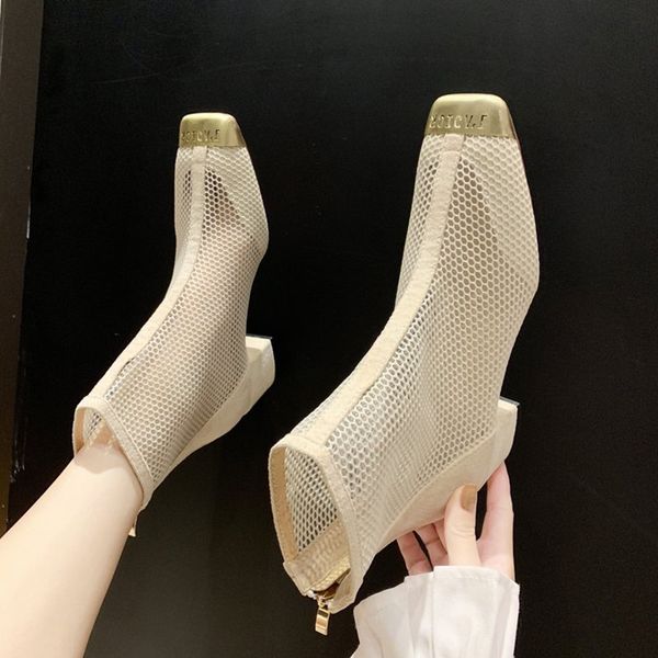 

summer boots 2020 new women net yarn hollowed-out sandals spring female thick heel mesh breathable short boots shoes, Black