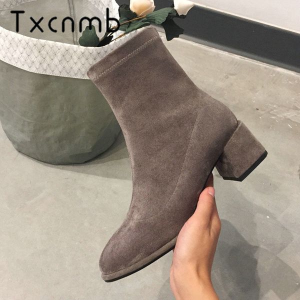 

txcnmb 2019 boots women ankle boots for women winter flock leather square heel shoes woman, Black