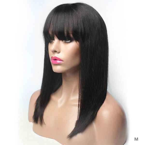 

brazilian short bob straight wigs 130% density remy human hair wigs for women full bangs medium ratio pre-plucked bib hair, Black;brown