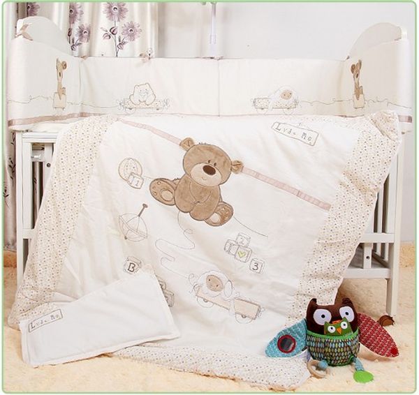 

promotion 7pcs baby bedding for crib baby bed linens for girl boy cartoon bear cot bumpers ,include(bumpers+duvet+sheet+pillow