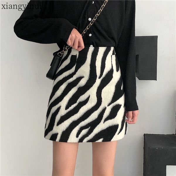 

white wool print a-line skirt womens short skirt female ladies autumn and winter high waist mini club party printing, Black