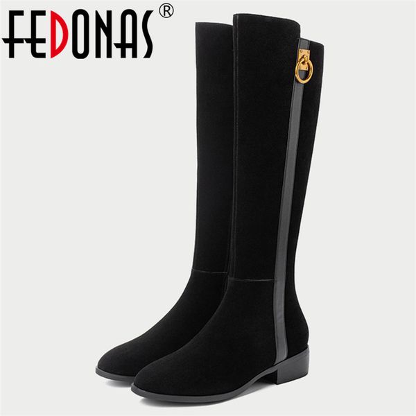 

fedonas quality cow suede women knee high boots dancing party shoes woman zipper high heels autumn winter long boots, Black