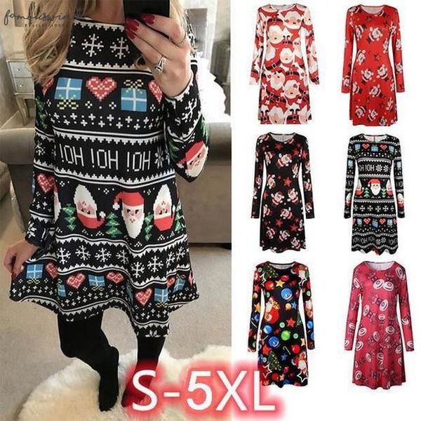 

women santa claus elk snowman christmas tree printed dress o neck long sleeve casual loose party dresses christmas gifts, Black;gray