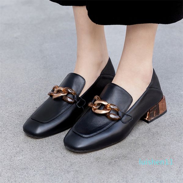 

meotina high heels women pumps natural genuine leather thick heel loafers shoes real leather square toe shoes ladies size 33-40 l11, Black