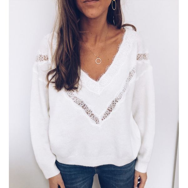 

winter sweater women long sleeve v neck lace slim pullover knitted sweet pullovers sweaters loose sweater winter casual sweaters, White;black