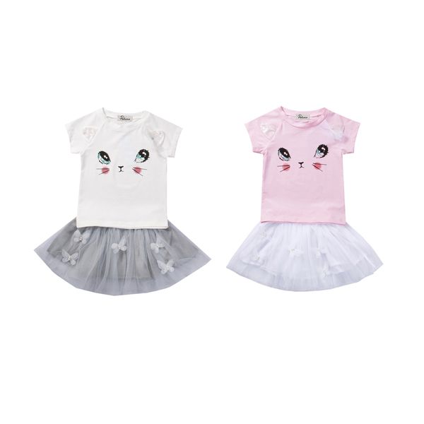 

2017 lovely casual newborn toddler baby girls shirt sleeve o-neck pullover cartoon cotton shirt lace tutu skirt 2pcs 2-7y, White
