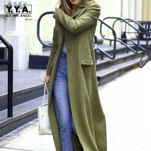

new runway women super long woolen coat high street boyfriend suit collar wool blends overcoat ladies slim fit green maxi trench, Black