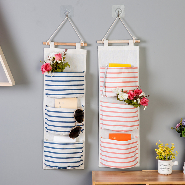 

3 pockets wall door hanging storage bag wardrobe organizer bag cotton linen bathroom storage pouch sundries organize space saver