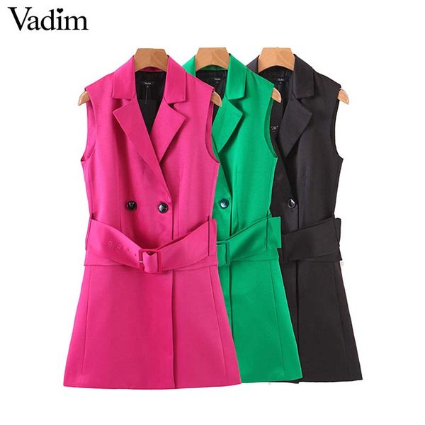 

vadim women elegant long vest double breast waist sashes solid coat sleeveless pockets decorate office wear outwear ma032, Black;white