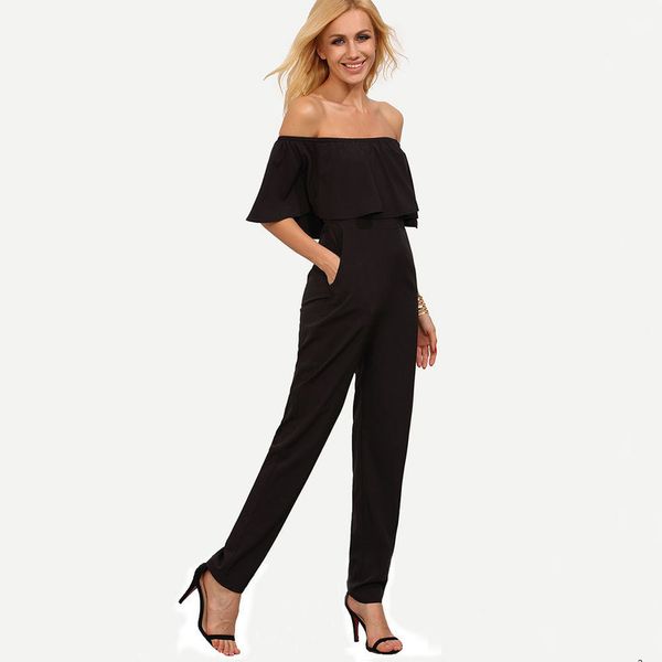 

women designer one-word collar ruffled jumpsuit cotton blended trousers3csj3csj, Gray