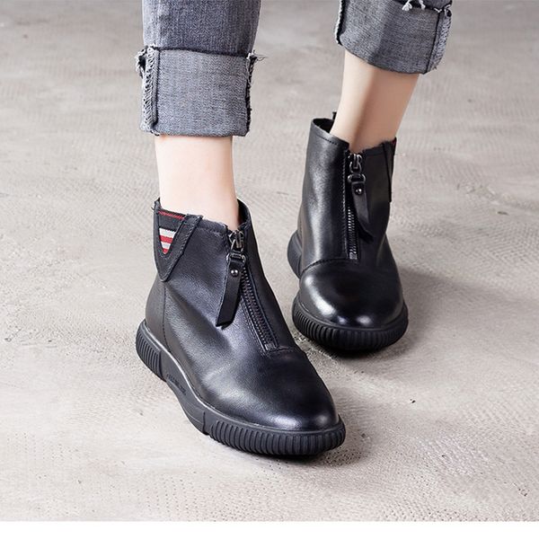 

female genuine cow leather woman shoes handmade ankle black boots rubber low heels height zipper 2019 riding normal size 35-40