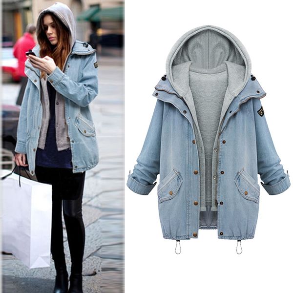 

2019 fashion women two piece set winter denim jacket hooded plus size casual coat lady outerwear autumn parka jean jacket, Tan;black