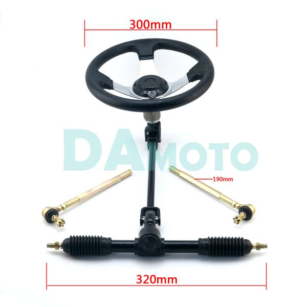 

chinese 110cc go kart 300mm steering wheel 320mm assembly full steel gear rack pinion 380mm u joint tie rod knuckle assy parts