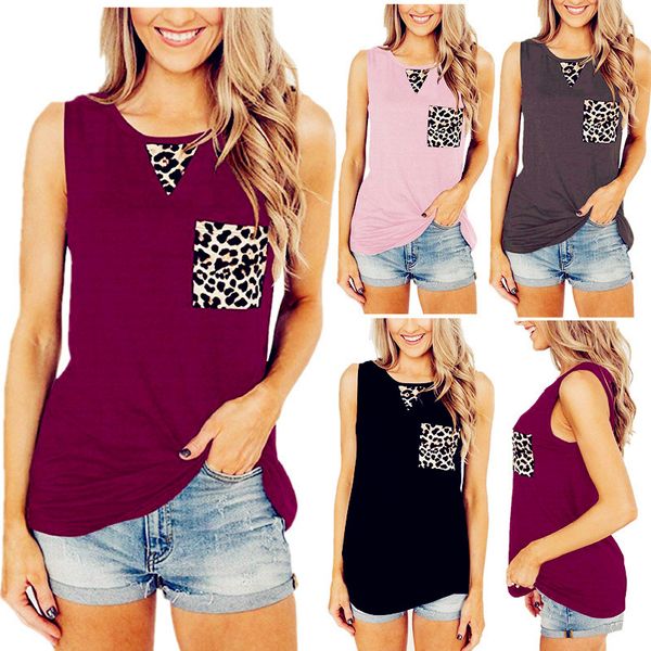 

women summer casual leopard patchwor hollow out hole pocket tank vest female bow ladies shirt camis, White