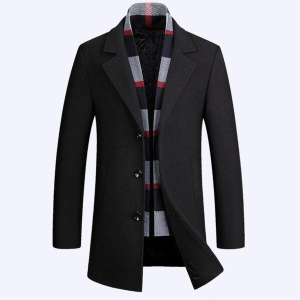 

woolen coat men new fashion thicken warm 2019 long slim woolen jacket trench male outwear plus size 5xl gray coats, Black