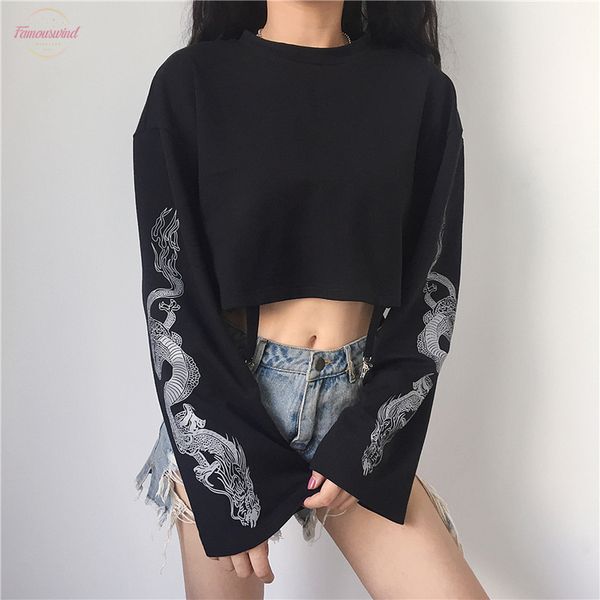 

women ladies long sleeve cap sleeve dragon print autumn warm crop pullover t shirt drop shipping, White