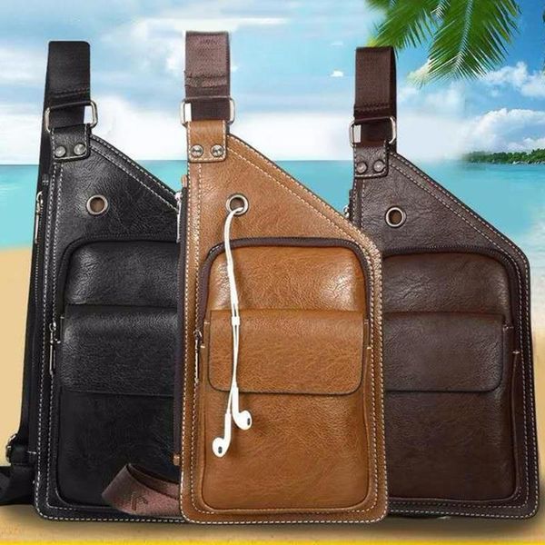 

men travel solid color multi pocket shouler chest bag pack with earphone jack multi pocket chest bag pack with earphone jack