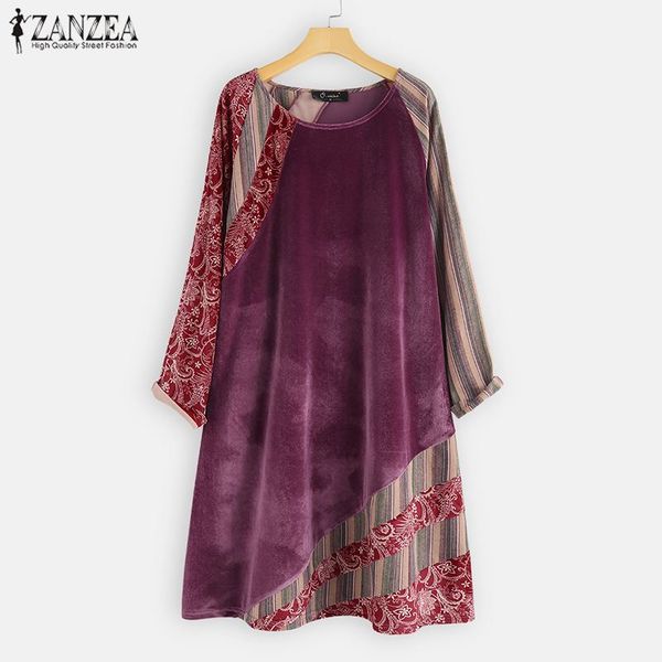 

elegant velvets dress women's print sundress 2020 spring casual long sleeve patchwork midi vestido female o neck robe plus size, Black;gray