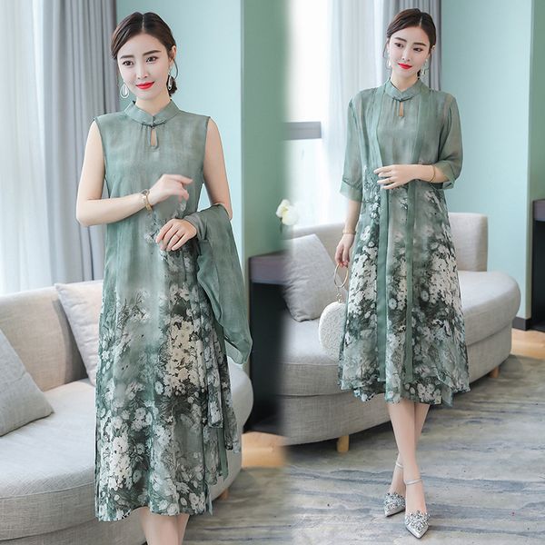 

women clothing womens dresses summer autumn new chinese style stand collar dress temperament flower two piece silk female summer dresses, Black;gray
