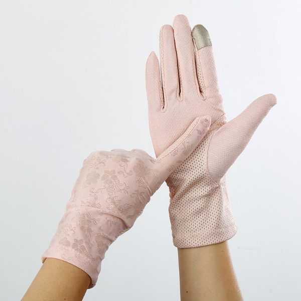 

summer outdoor sunscreen silk breathable finger gloves spot non-slip touch screen ladies gloves, Blue;gray