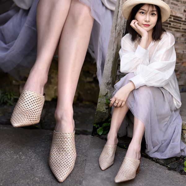 

artmu original woven outside slippers pointed toe thick heels genuine leather women's shoes new high heel handmade slippers, Black
