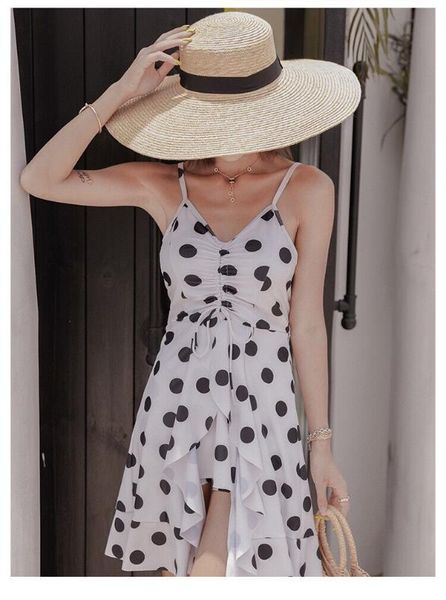 

polka dots swim dress women one piece swimsuit student holiday clothing beachwear spring baths wear swimwear surfing, Blue;gray