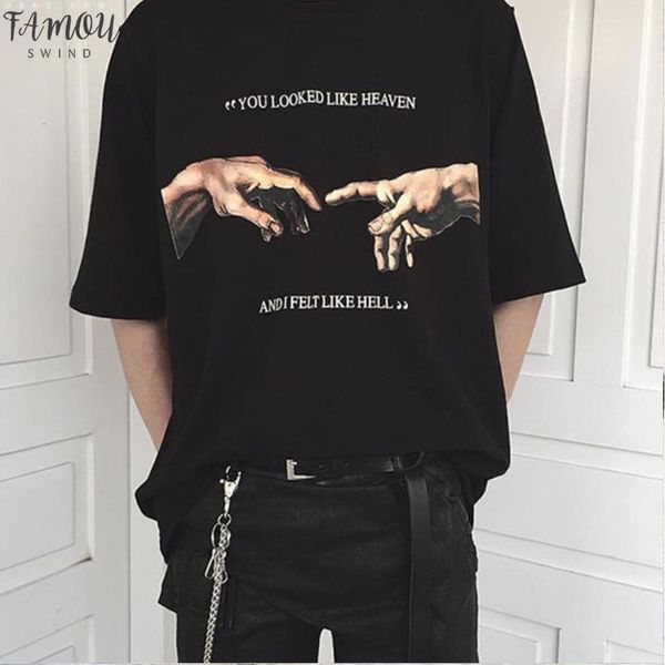 

1pcs you looked like heaven and i felt like michaelangelo creation of adam hands printing t shirt women summer short sleeve, White