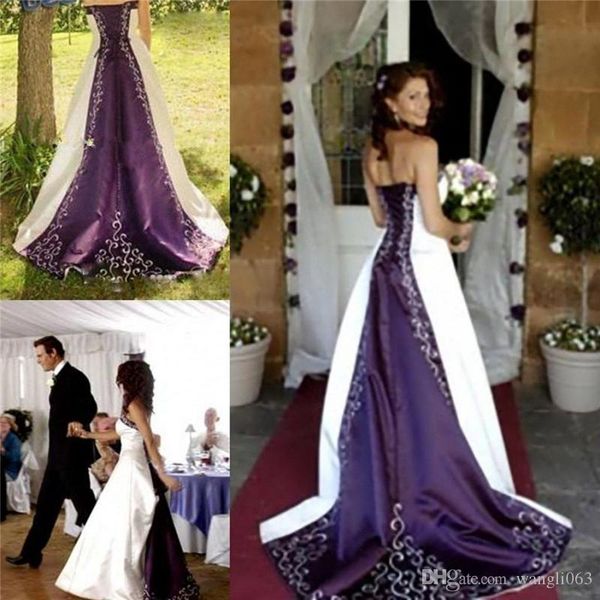 

white and purple embroidery satin wedding dresses 2019 elegant custom made a-line strapless lace up back court train court bridal gowns