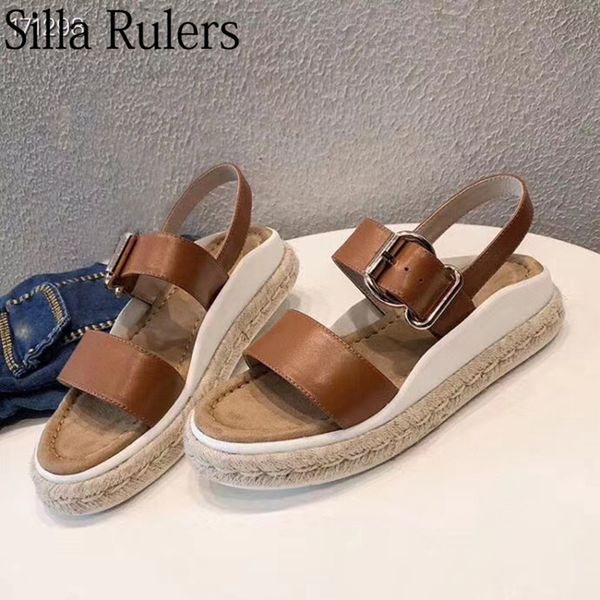 

2020 new style weave tick sole sandals woman round toe one strap gladiator shoes woman genuine leather buckle summer sandals, Black