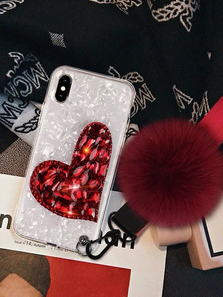 

luxury iphone 11pro/11/11promax designer iphone xr xsmax x/xs hairball 7p/8p phone case fashion heart shape rhinestone real cover 2 colors