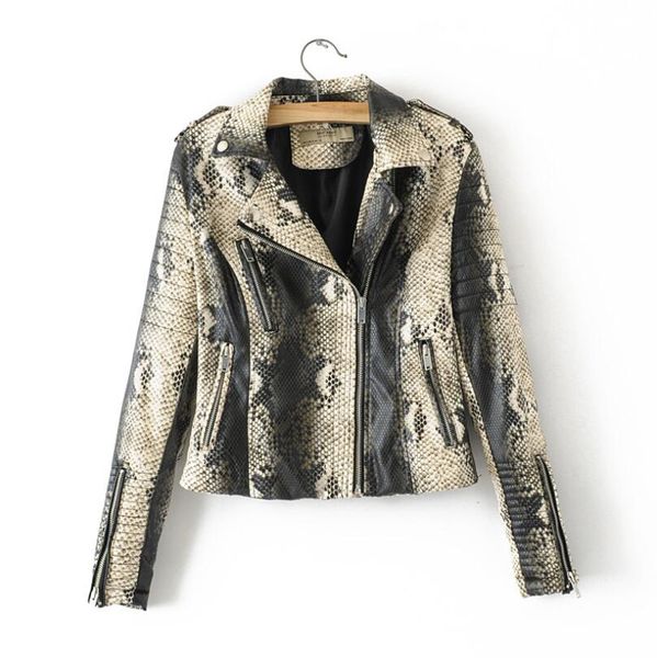 

women faux soft leather jacket 2019 autumn punk short coats zipper turn-down collar pu faux snakeskin outerwear p1322, Black