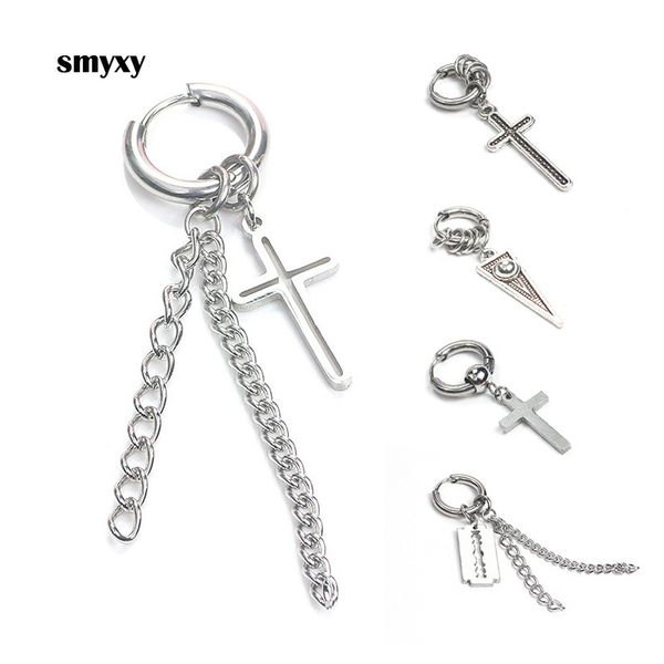 

1piece men women punk stainless steel blade cross small circle long chain tassel earring piercing hip-hop street pop ear jewelry, Silver