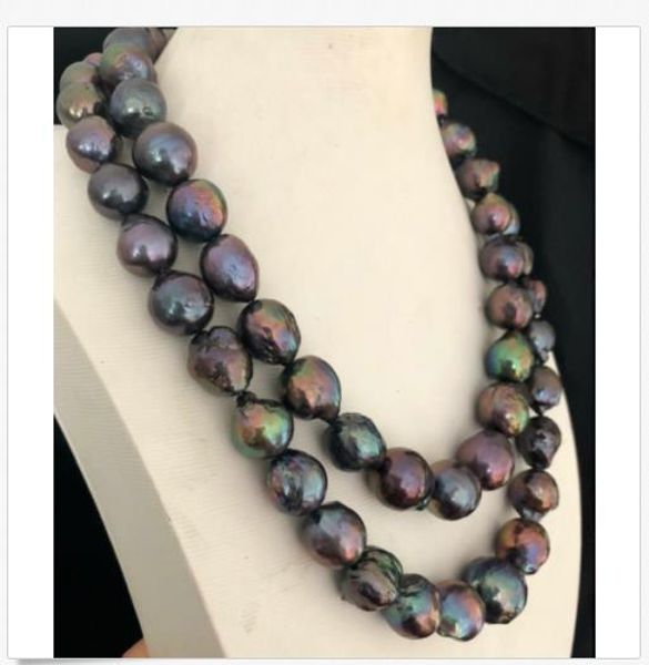 

two strands 13-15mm huge tahitian baroque black blue pearl necklace 38inch 925s, Silver