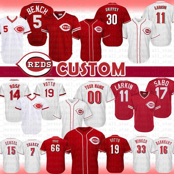 

5 Johnny Bench 11 Barry Larkin Cincinnati Custom Reds Jersey 30 Ken Griffey Jr 19 Joey Votto Senzel Suarez Barnhart Winker Seaver Kemp a5