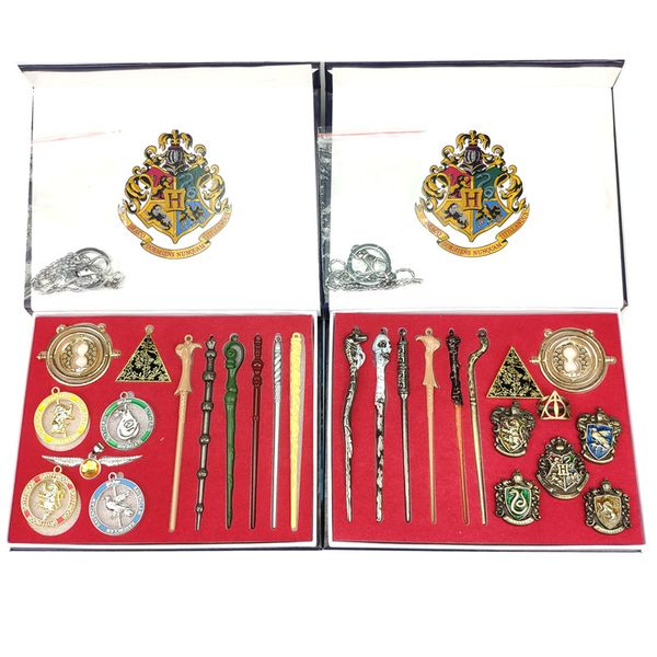 

13 or 14piece et new harry potter magic wand and four chool witchcraft wizardry logo badge alloy key chain pendant with box l185