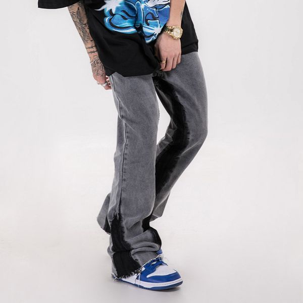 

loose washed jeans flare pants men and jean hop denim women retro trousers hip pants baggy spliced ripped streetwar liiws, Black