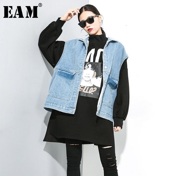 

eam] women loose fit blue denim big size warm with fleece vest new lapel sleeveless fashion tide spring autumn 2019 1m011, Black;white