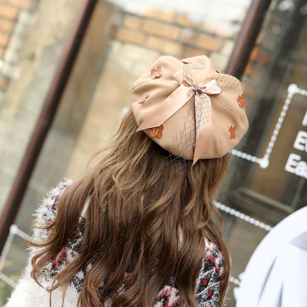 

korean leisure autumn and winter the fashion joker berets 4 colors solid color with bowknot petals painter cap for women, Blue;gray