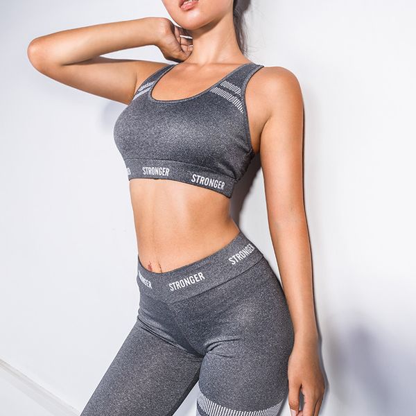 

set women fitness clothing sportswear woman gym leggings padded push-up letter stripe printed sports bra 2 pcs sports suits, White;black