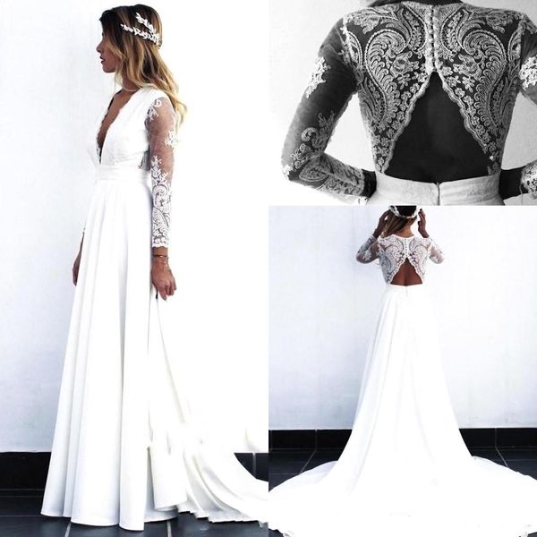 

beach bohemian wedding dresses deep v neck long illusion long sleeve wedding bridal gowns robe de mariÃ©e bc2544, White