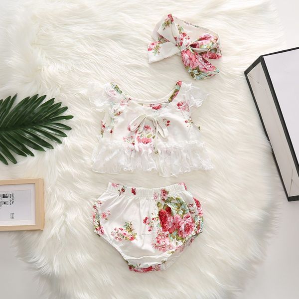 

baby girl sleeveless outfits set lace design floral t-shirt pp shorts headband 3 pcs infant pure cotton pullover clothes w, White