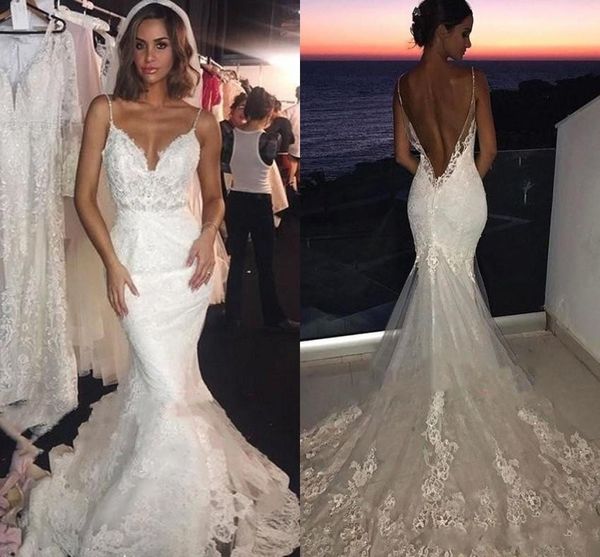 

современные спинки свадебные платья 2019 sexy open back русалка спагетти ремни аппликация кружева длинные свадебные платья формальные, White