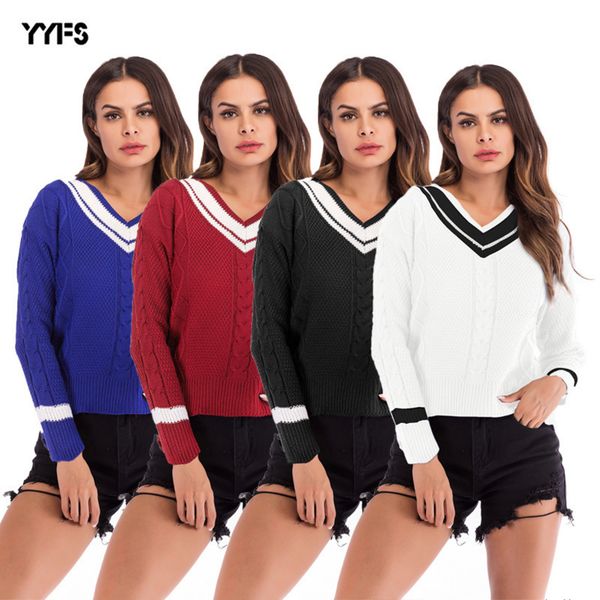 

womens designer sweater contrast v-neck knit pullover striped stitching twist, White;black