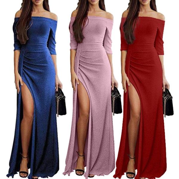 

dress women' s party prom women solid color high split off shoulder half sleeve slash neck full length dress s-xxxl, Black;gray
