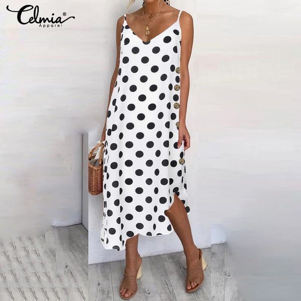

2019 celmia plus size women summer beach sundress spaghetti straps polka dot dress casual button asymmetric midi vestidos 7, Black;gray