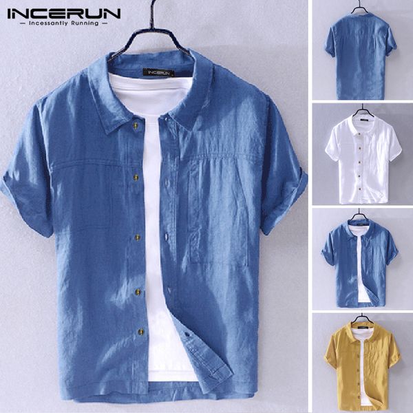 

2020 men shirt turn-down collar solid casual streetwear button short sleeve harajuku camisas hombre cotton shirts incerun s-5xl, White;black