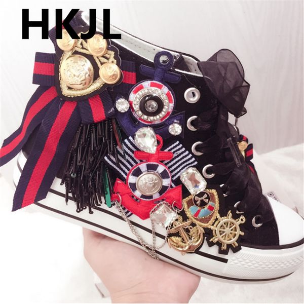 

outdoor original handmade custom sweet exquisite rhinestone tassel chain badge ladies wild canvas shoes, Black