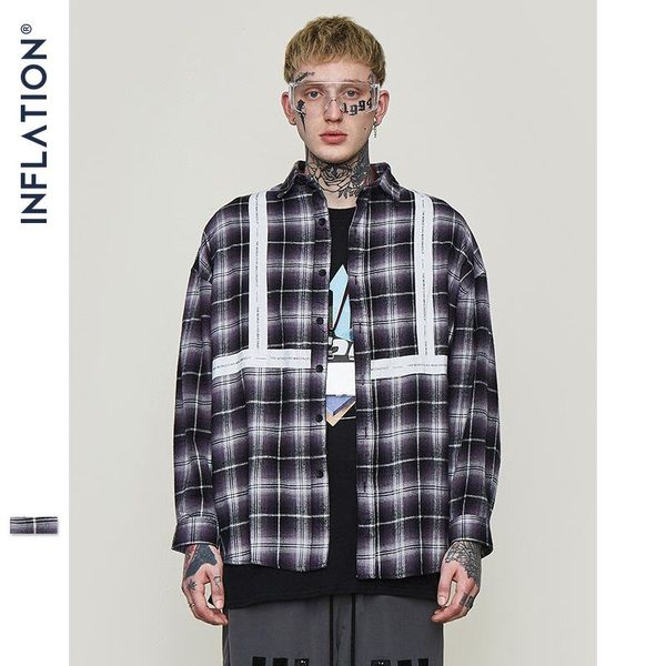 

inf men's clothing | 2019 spring and summer new round hem oversize stamping letter ribbon stitching plaid shirt, White;black